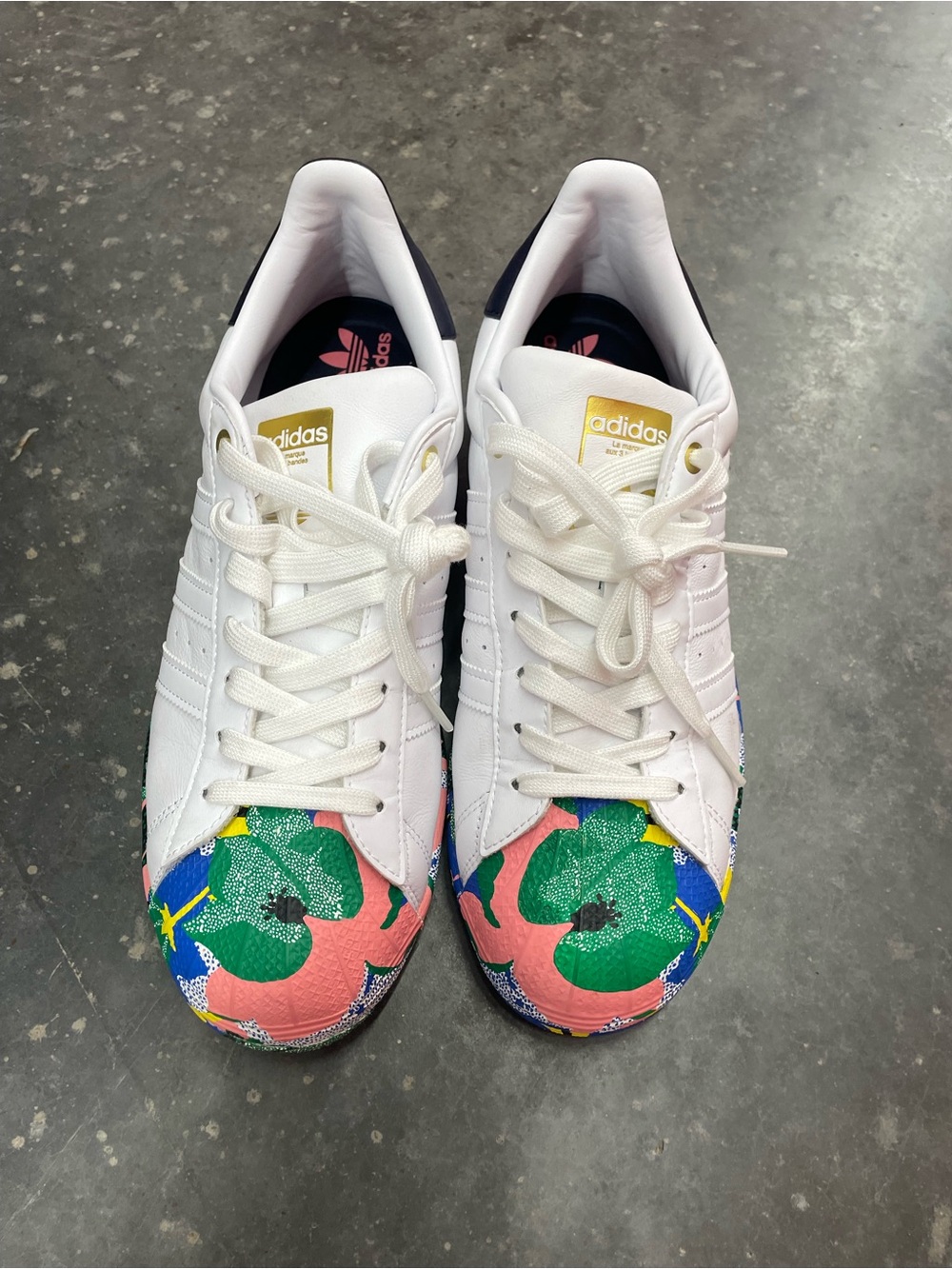 adidas Women’s White Sneakers with Green and Pink Floral Toe